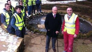 Stonemasonry students, Councillor Tim Hadland with Tim Hadland and Stonemasonry tutor Craig Murphy