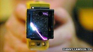 Taser gun held by a police officer