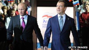 Russian PM Vladimir Putin and President Dmitry Medvedev (24 Sept 2011)