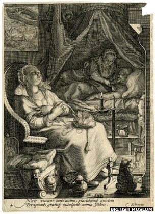 A woman tending to her husband in the middle of the night by Jan Saenredam, 1595