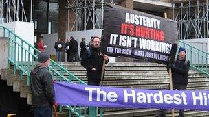 Protesters outside County Hall, Norwich, demonstrating against the 2012/13 Norfolk County Council budget