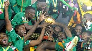 Zambian players celebrate beating Ivory Coast 8-7 in a dramatic shoot-out on Sunday's Africa Cup of Nations final in Gabon