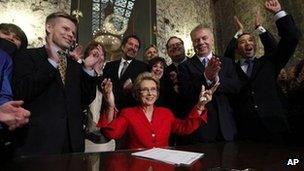 Washington Gov Christine Gregoire, after signing the state's gay marriage bill into law in Olympia, Washington 13 February 2012