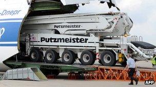 Putzmeister concrete pumper being loaded on to a cargo plane