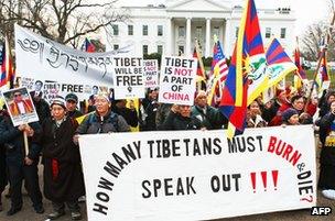 Protesters chant on behalf of Tibetan rights in front of the White House on 14 February 2012