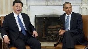 US President Barack Obama (right) and Chinese Vice-President Xi Jinping in the Oval Office on 14 February 2012