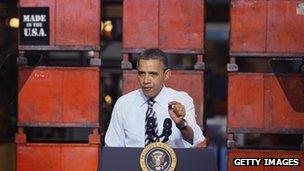 US President Barack Obama speaks to workers at the Masterlock factory in Milwaukee, Wisconsin 15 February 2012