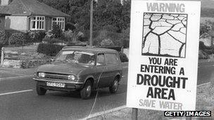 A public information notice warning about the drought, erected by the road in the Bridport area of Dorset during the drought of 1976