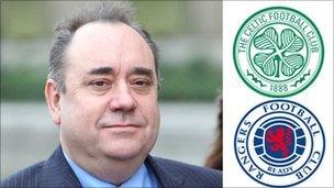 Alex Salmond and Celtic and Rangers crests