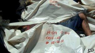 Corpses in plastic bags on Wednesday following the fire at Comayagua prison Honduras