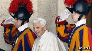 Pope Benedict and Vatican Swiss guards, 17 Feb 12