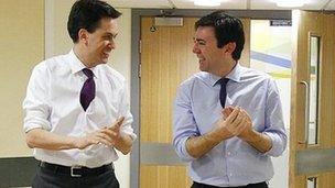 Ed Miliband and Andy Burnham during a hospital visit in Bolton