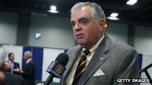 Ray LaHood speaks to reporters at the Washington auto show, Washington, DC, 26 January 2012