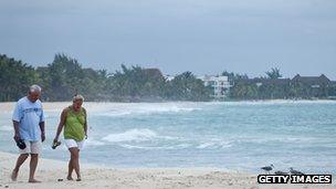 Tourists walking along Mexican beach