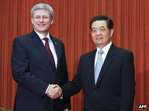 Canadian Prime Minister Stephen Harper and Chinese President Hu Jintao