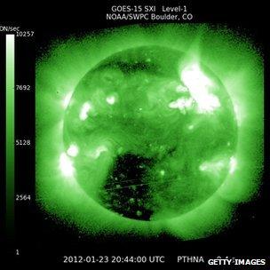 A solar flare erupts from the sun. January 23, 2012.