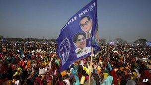 A flag with chief minister Mayawati's image at a rally in Uttar Pradesh.