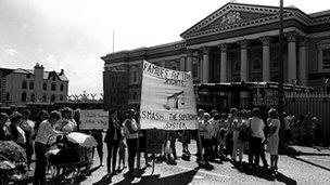 A loyalist protest against the supergrass system outside Crumlin Road courthouse in 1984
