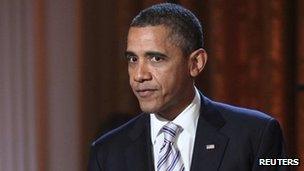 Barack Obama addresses the audience at the White House, Washington, DC 21 February 2012.