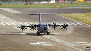 An Airbus A400M landing at Filton in March 2011