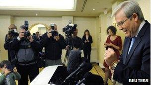 Australian Foreign Minister Kevin Rudd, who resigned unexpectedly, talks to reporters before departing his hotel in Washington DC for Brisbane on 22 February, 2012