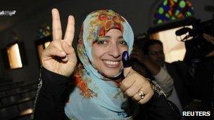 Nobel Peace Prize winner Tawakkol Karman after voting in Tuesday's poll