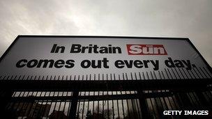 Billboards outside News International in Wapping advertise the new Sun on Sunday, which is to launch on February 24