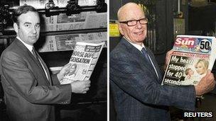 Rupert Murdoch holding copies of the Sun in 1969 and the Sunday version's launch in 2012