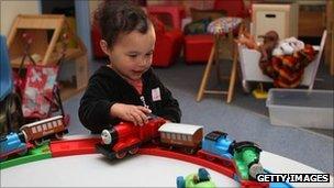 Child playing with train