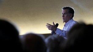 Republican presidential candidate Mitt Romney speaks during a rally at the Park Place Hotel on February 26