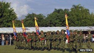 Colombian soldiers march during an official ceremony at Tolemaida army base in this photo taken on 23 December 2011.