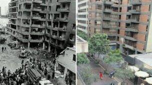 Jiron Tarata after the bombing in 1992 and the same area today