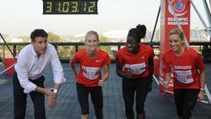 Locog chair Seb Coe with athletes Hannah England and Christine Ohuruogu and actress Tamzin Outhwaite