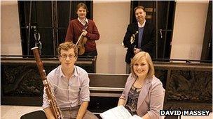 Front row (from left): Harry Ventham (RWCMD, bassoon player), Sarah Reddin (RWCMD, soprano); back row (from left): David Adams (Leader, Orchestra of Welsh National Opera), Phillippe Schartz (BBCNOW, Principal Trumpet). Photo: David Massey.