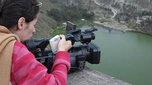 Maria Fernanda Restrepo filming above Lake Yambo