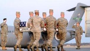 Troops carry the remains of Lt Col John D Loftis, who died in the interior ministry attack