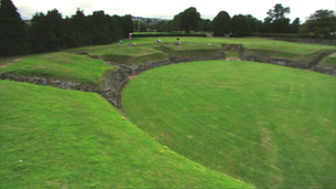 Ruins of Roman amphitheatre at Caerleon, Newport