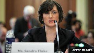 Sandra Fluke, a third-year law student at Georgetown University testifies during a hearing before the House Democratic Steering and Policy Committee in Washington, DC 23 February 2012