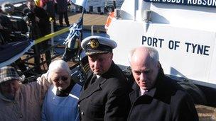 Left to right: Lady Elsie Robson, seafarers’ chaplain, Pat Bealing, Harbour Master Mike Nicholson and Andrew Robson