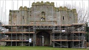 Pentney Priory gatehouse with scaffolding