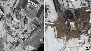 This combination of two satellite images provided by DigitalGlobe shows on the left, construction at the nuclear complex in Yongbyon, North Korea, 20 September, 2011; and on the right, the Yongbyon complex on 3 February, 2012