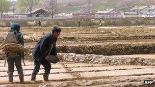 Handout photo taken on 20 April, 2005 by the World Food Programme shows North Korean co-operative farm workers near Sariwon, North Hwanghae province