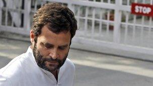 Congress party leader Rahul Gandhi looks down as he speaks to the media in New Delhi, India, Tuesday, March 6, 2012.