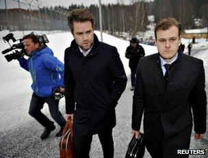 Breivik's defence lawyers come to his prison near Oslo, 7 March