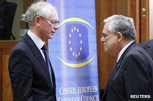 European Council President Herman Van Rompuy (L) with Greek PM Lucas Papademos