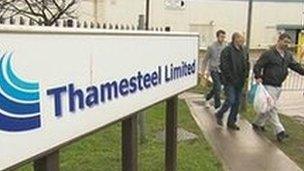 Workers leaving the meeting with Thamesteel's administrators