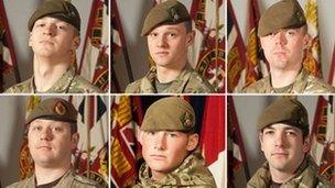 Clockwise from top left: Pte Wade, Pte Wilford, Pte Frampton, Pte Kershaw, Cpl Hartley and Sgt Coupe