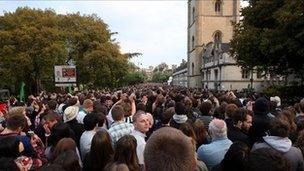 Students and locals celebrate May Day on Magdalen Bridge, Oxford