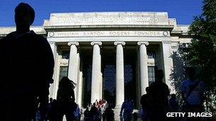 Massachusetts Institute of Technology students exit the Rogers building