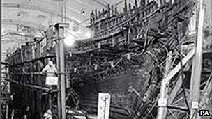 Mary Rose in dry dock pictured in 1985